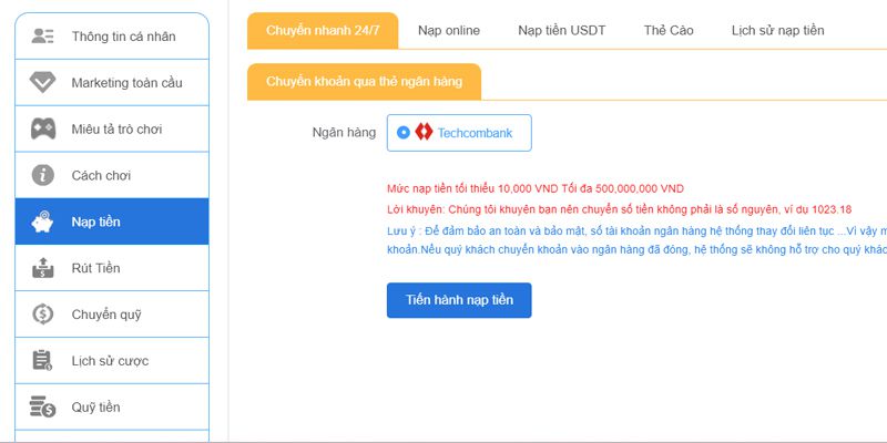 Hướng dẫn nạp tiền TK88 - Internet Banking