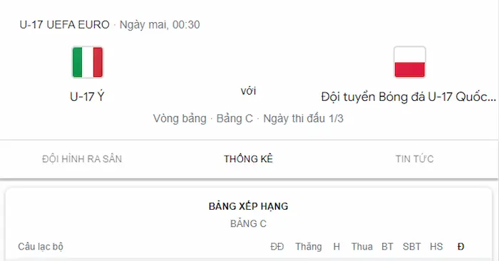 Xem trước trận đấu U17 Ý vs U17 Ba Lan